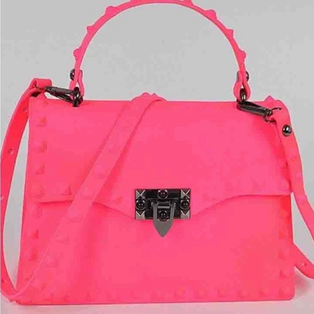 Neon Pink Studded Jelly Purse with Gunmetal Hardware